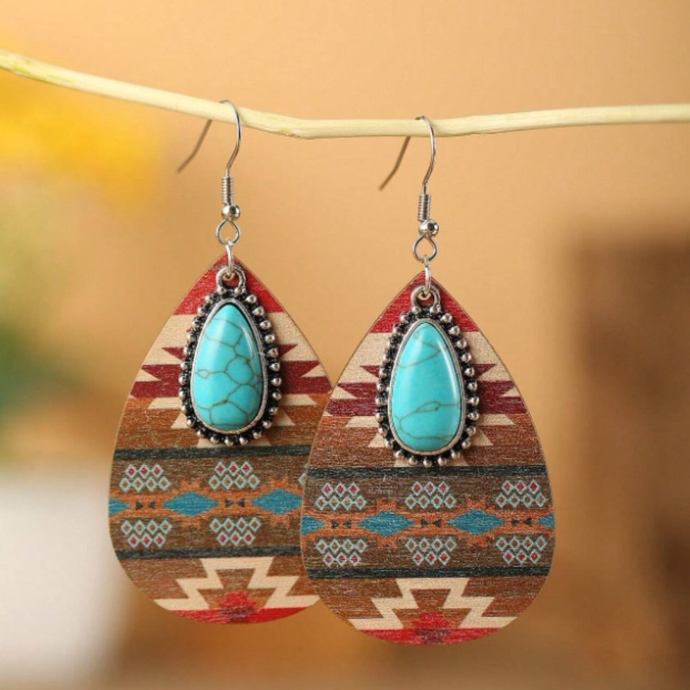Boho Southwestern Turquoise & Tribal Aztec Wood Teardrop Dangle Earrings NEW - Picture 3 of 9